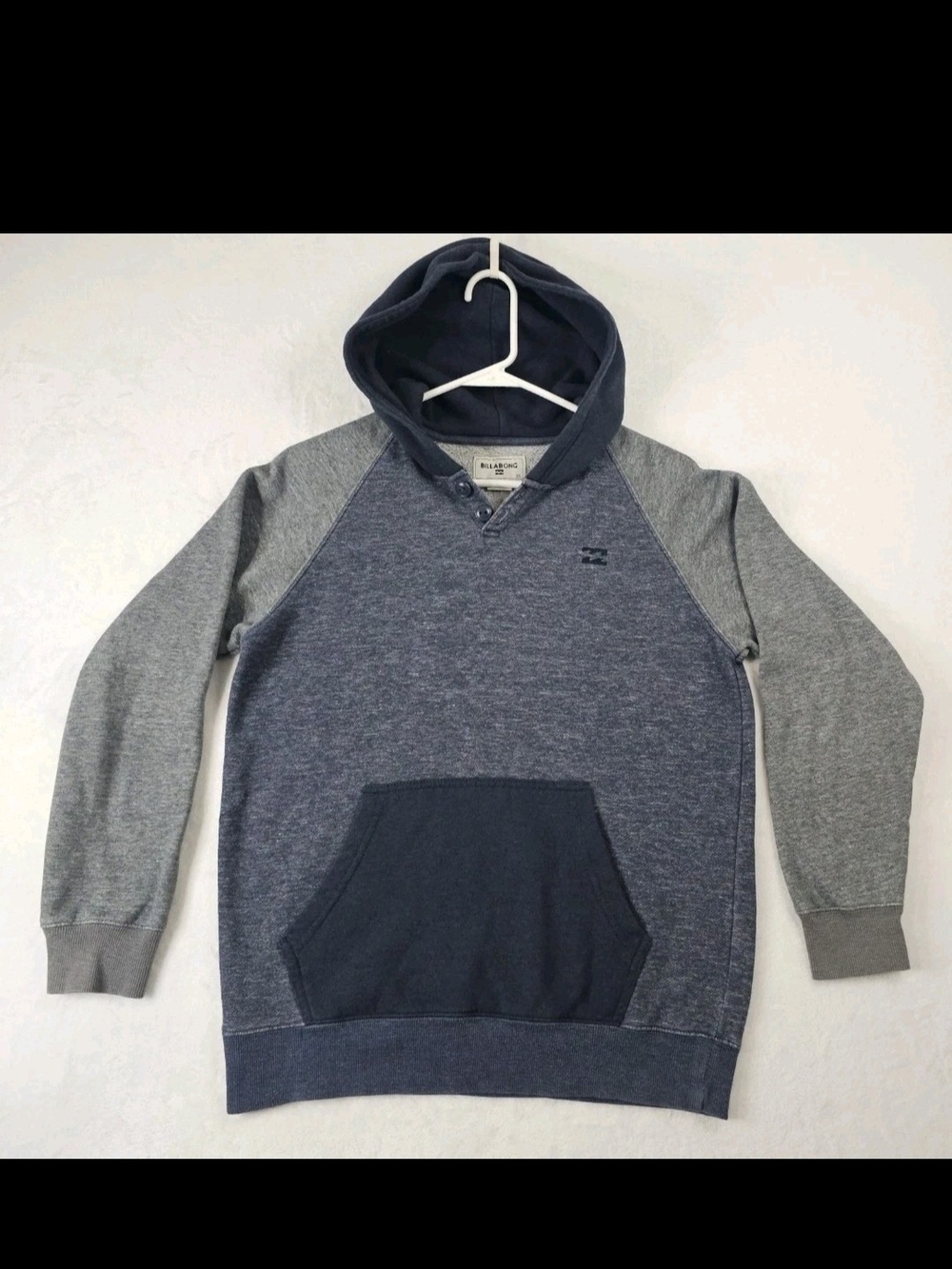 Billabong Hoodie Mens Medium Blue Grey Raglan Henley Pullover Sweatshirt Fleece
